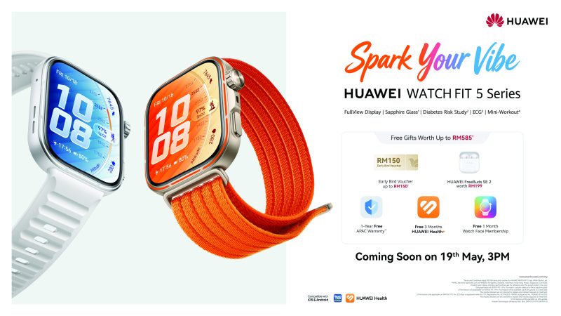 ARRIVING SOON ON 19th MAY IN MALAYSIA, THE NEW HUAWEI WATCH FIT 5 SERIES, WATCH ULTIMATE DESIGN SPRING EDITION, AND FREECLIP 2 IN BERRY PURPLE