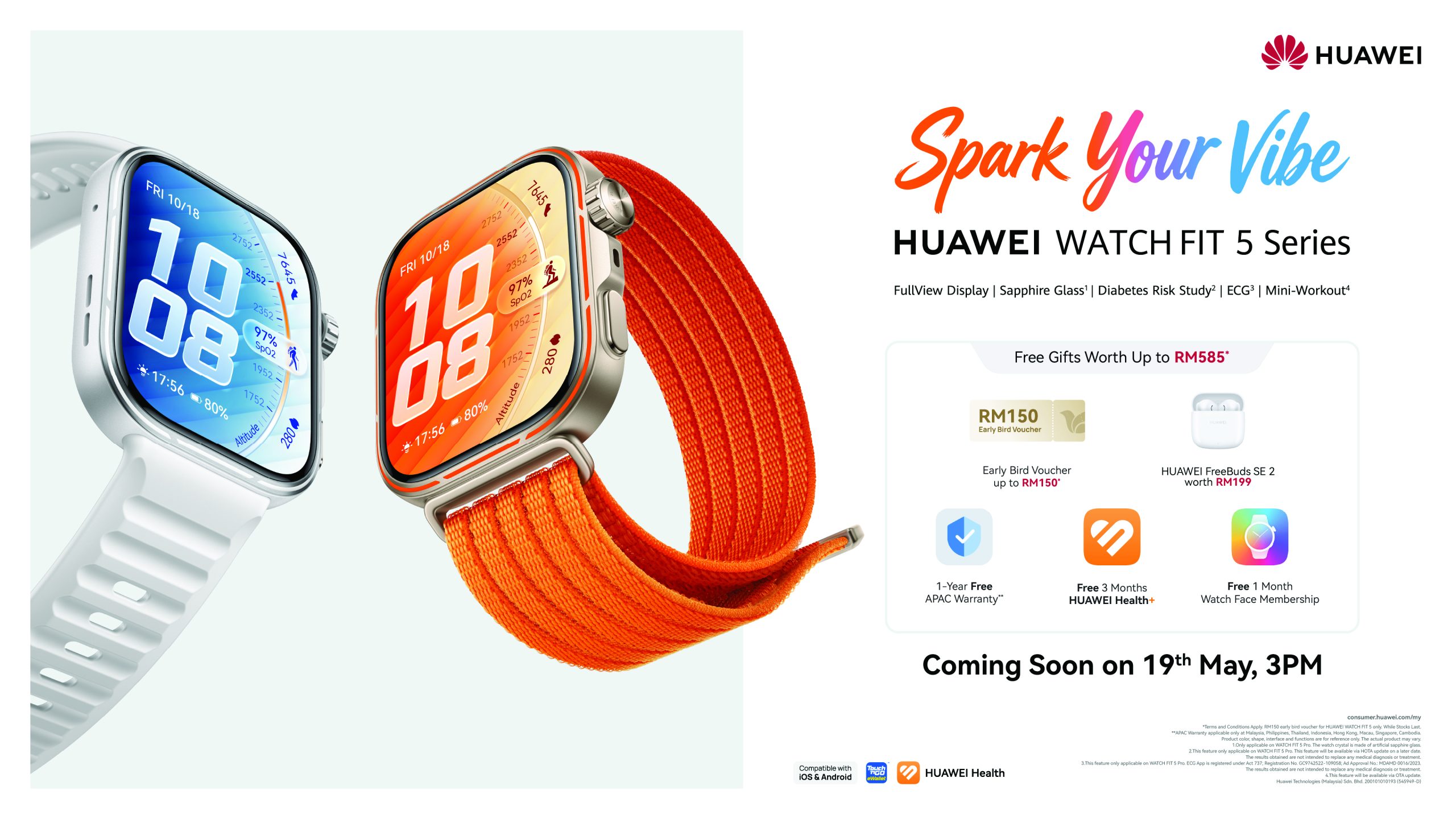 ARRIVING SOON ON 19th MAY IN MALAYSIA, THE NEW HUAWEI WATCH FIT 5 SERIES, WATCH ULTIMATE DESIGN SPRING EDITION, AND FREECLIP 2 IN BERRY PURPLE